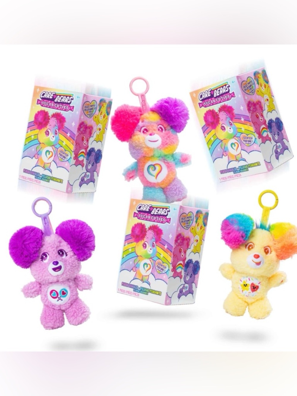 Care Bears Rainbow Heart Plush Keychain - Pink, Purple, Blue, Yellow, Green